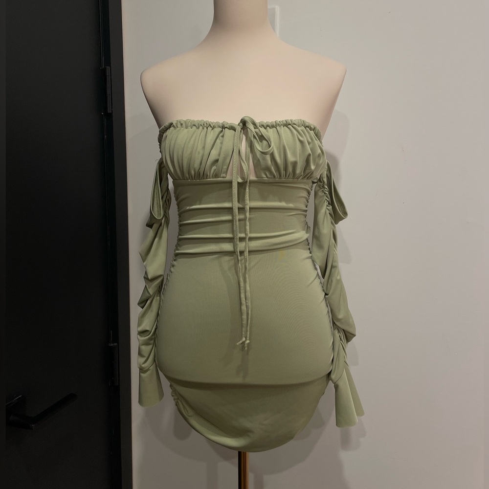 Off-Shoulder Ruched Sage Green Bodycon Dress